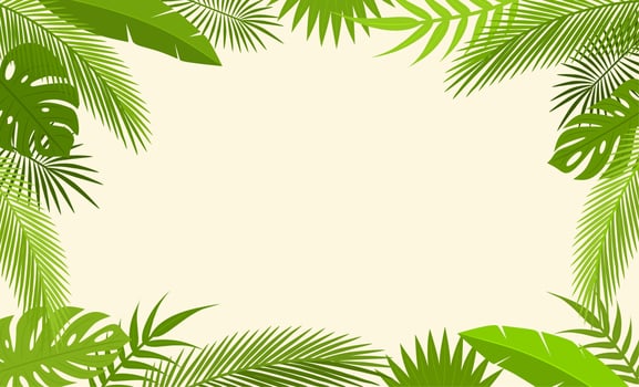 Tropical leaves background vector design. Summer leaves flat illustration. Simple banner with copy space