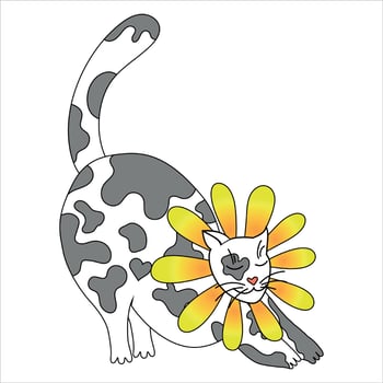 vector illustration, stretching cat in gray spots, in floral decoration, on a white background.