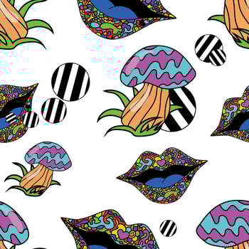 Psychedelic vintage pattern in the style of good vibes of the 1970s.retro illustration of mushroom lips. vector
