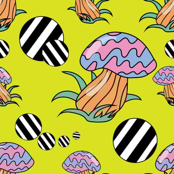 Psychedelic vintage pattern in the style of good vibes of the 1970s.retro illustration of mushrooms. vector