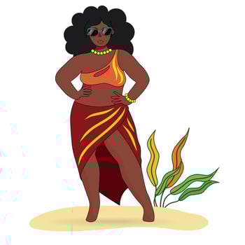beautiful body positive dark-skinned girl in a swimsuit, pareo and sunglasses on the beach. vector