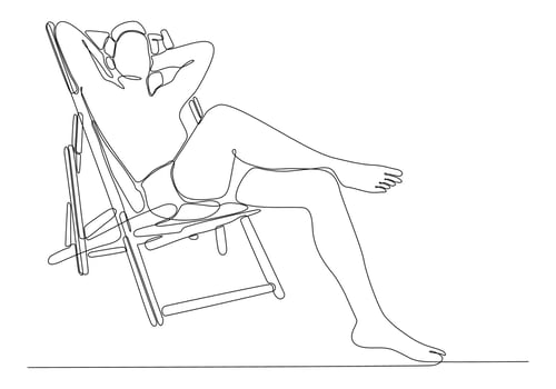 continuous line drawing of man drinking cocktail and sitting on deck chair by the beach isolated on white background vector illustration
