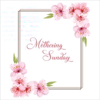 Mothering Sunday banner with cherry blossoms. Pink flowers over blue painted stripes on white. Mothering Sunday greeting card template, rectangular frame border with calligraphic text vector