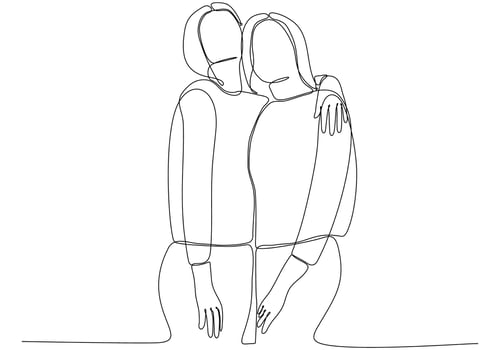 Continuous line drawing of cheerful women embracing each other. Two women hugging each other vector
