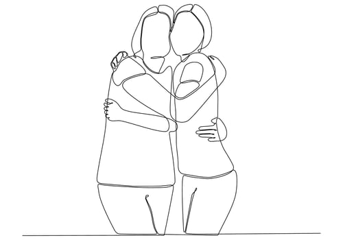 Continuous line drawing of cheerful women embracing each other. Two women hugging each other vector