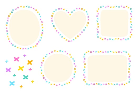 Bright Colorful Cross Multiply Dash Line Doodle Hand Drawing Drawn Heart Circle Square Oval Rectangle Sticky note Shape Borders Frames Plate Sticky Note Set Collection Background Vector Illustration