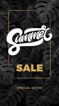 SUMMER SALE typography in frame on tropical dark texture with leaves. Illustration with lettering for banner, flyer, poster, web site, card, stories, promotion. Botanical background with Monstera. vector