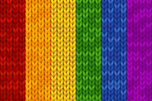 Knitted vector illustration, LGBT flag of lesbian, gay, bisexual, and transgender. Homosexuality emblem. Rainbow texture, symbol of pride. Seamless pattern for background, postcard, invitation, banner