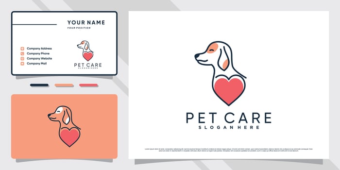 Dog pet logo design with love element and business card template Premium Vector