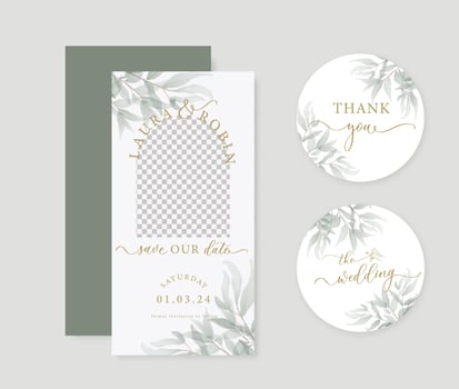 Photo Arch greenery wedding Save the Date Bookmark. Luxury arch wedding invitation card background with green watercolor botanical leaves. For wedding and vip cover template. vector