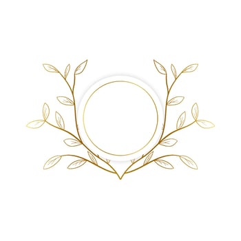 Hand drawn round frame with golden color circle and plants vector