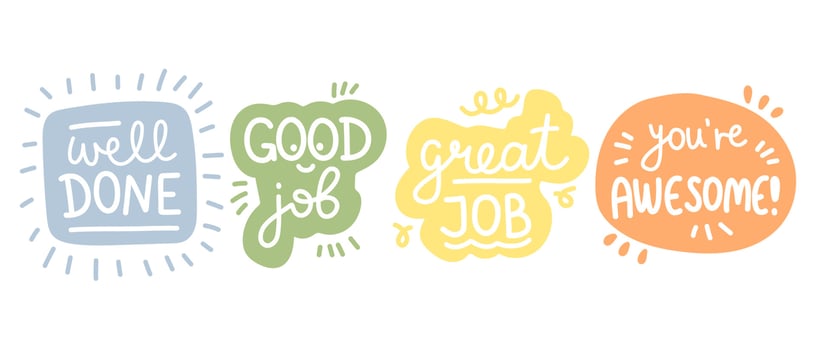 Job and great job stickers. School reward, encouragement stamp. Student icon. Vector illustration