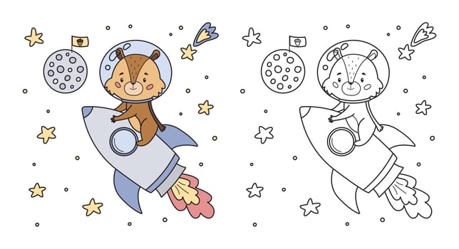 Coloring page for children with cute cartoon chipmunk on rocket. Outline black and white vector illustration. Space theme.