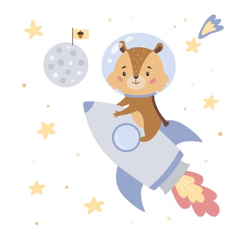 Chipmunk flies to the moon on a rocket. Cute cartoon character for children. Doodle animal. Space theme. Vector illustration.