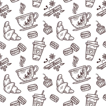 Vector hand drawn sketch style tea or coffee seamless pattern. Cups of tea or coffee, spices and coffee beans, , macaroons, cake, croissants