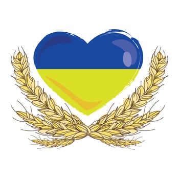 Ukrainian flag - heart shape with ears of wheat, the national symbol of Ukraine. Logo design, emblem, etc. Vector illustration isolated on white background