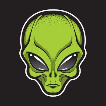 Alien face tee stump, humanoid martian head print, futuristic space invader, paranormal fantasy cartoon emblem vector illustration