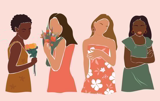 Set of abstract portrait of a young girl. A poster depicting a beautiful woman with long hair in a summer dress with flowers. Vector graphics.