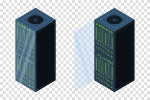 Isometric servers. Data storages. 3D computer equipment. Storage database. Equipment server network. Big data illustration vector