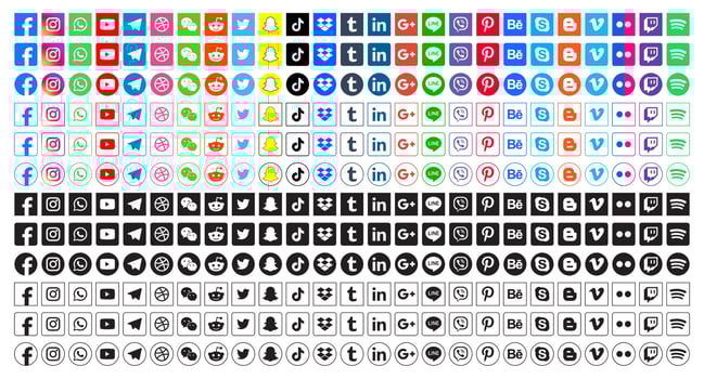 Set popular social media icons. Facebook, instagram, twitter, youtube, pinterest, behance, google, linkedin, whatsap, snapchat and many more. Editorial vector illustration