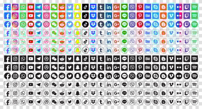 Set popular social media icons. Facebook, instagram, twitter, youtube, pinterest, behance, google, linkedin, whatsap, snapchat and many more. Editorial vector illustration