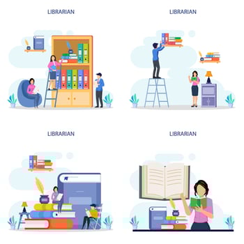 Librarian concept vector illustration. Llibrary reading room guid.