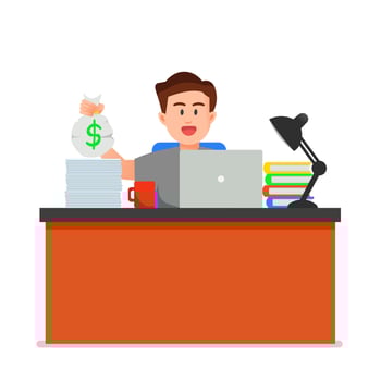 man works from home holding a pocket filled with money vector