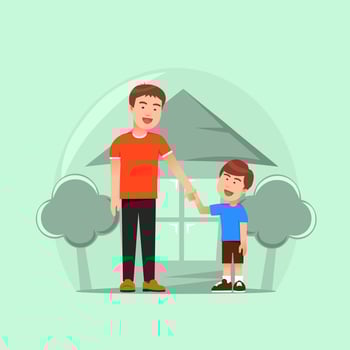 father and son holding hands and laughing together vector