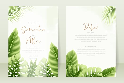 Wedding invitation template with realistic tropical summer leaves vector
