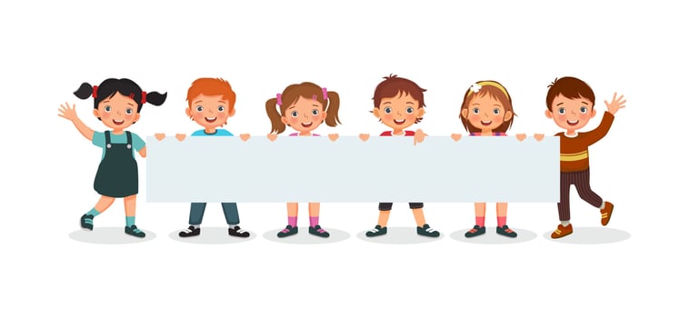 kids holding a long blank banner or poster with empty space templates for text, banner, ads vector