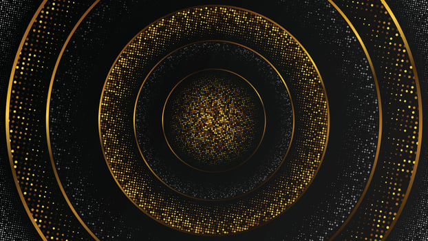 Abstract background of a halftone gradient. Luxury decoration, golden glitter pattern. Modern geometric style. A round place for text. Stylish conception. Black and gold template, minimal banner. vector