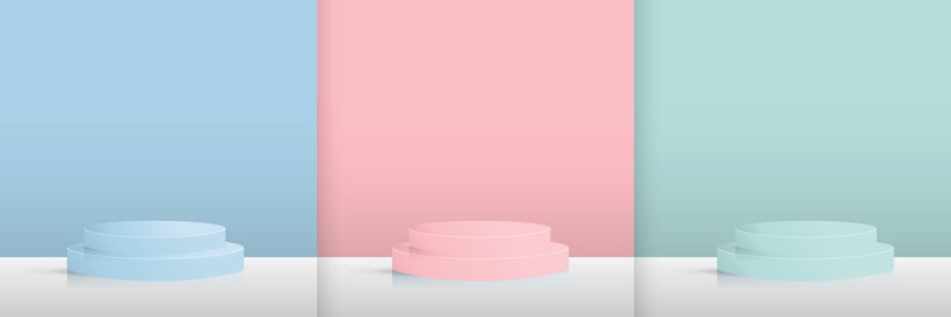 Set of blue, pink, green cylinder pedestal podium display, Empty room background. Abstract modern vector rendering 3d shape for products display presentation. Pastel minimal wall scene, Studio room.