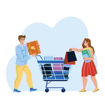 Shoppers Couple Goods Add To Cart In Market Vector