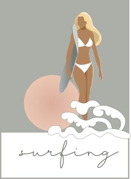 Girl is surfing illustration. banner, Simmertime. Body positive aesthetic vector