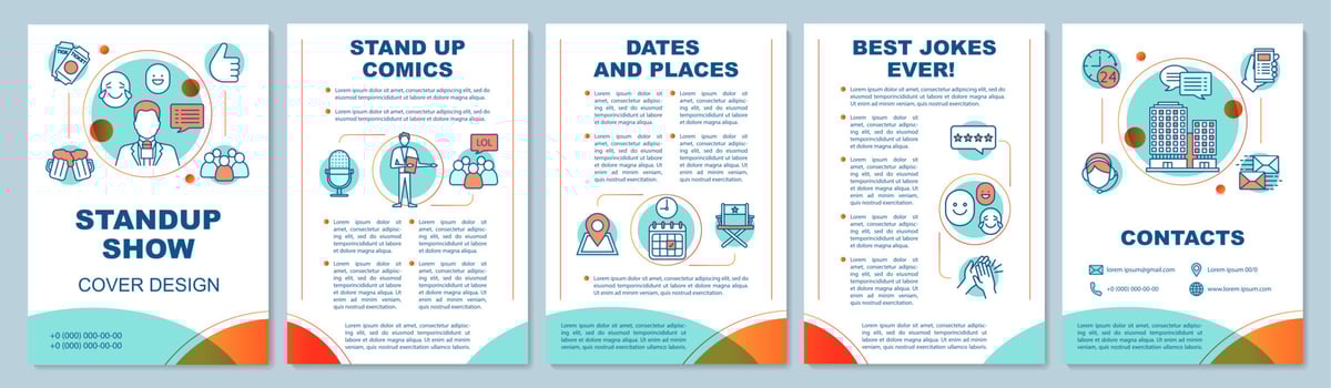 Standup show brochure template layout. Event in theatre. Concert, cinema. Flyer, booklet print design with linear illustrations. Vector page layouts for magazines, annual reports, advertising posters