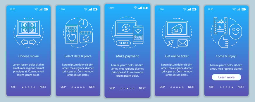 Cinema onboarding mobile app page screen vector template. Film ticket booking payment. Movie premiere event. Walkthrough website steps, linear illustrations. UX, UI, GUI smartphone interface concept