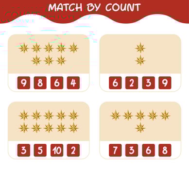 Match by count of cartoon christmas star. Match and count game. Educational game for pre shool years kids and toddlers vector