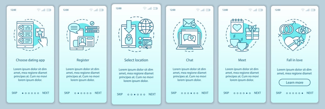 Online dating onboarding mobile app page screen vector template. Choose, register, chat, meet, fall in love website instructions with linear illustrations. UX, UI, GUI smartphone interface concept