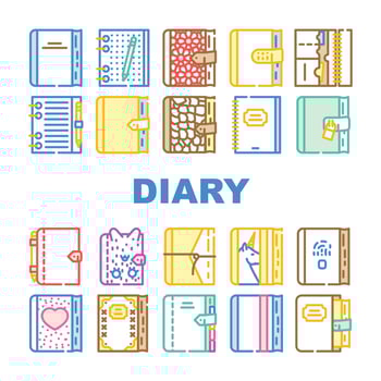 Diary Paper Stationery Accessory Icons Set Vector