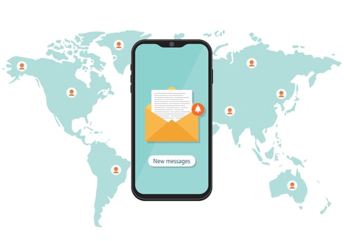 Chatting the world. World map. Messaging with the whole world through social networks. Mobile phone screen with new notification. vector