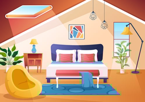 Cozy Bedroom Interior with Furniture Like Bed, Wardrobe, Bedside Table, Vase, Chandelier in Modern Style in Cartoon Vector Illustration
