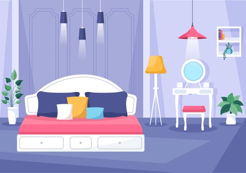 Cozy Bedroom Interior with Furniture Like Bed, Wardrobe, Bedside Table, Vase, Chandelier in Modern Style in Cartoon Vector Illustration