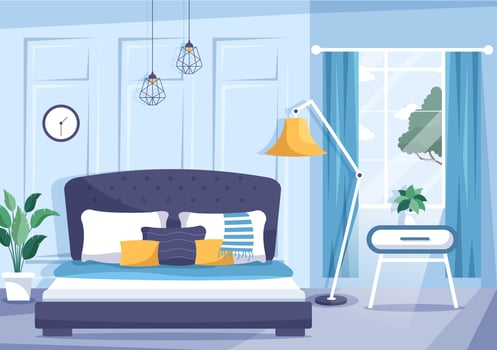 Cozy Bedroom Interior with Furniture Like Bed, Wardrobe, Bedside Table, Vase, Chandelier in Modern Style in Cartoon Vector Illustration