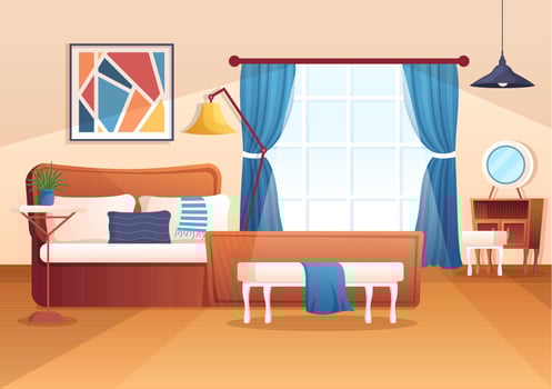 Cozy Bedroom Interior with Furniture Like Bed, Wardrobe, Bedside Table, Vase, Chandelier in Modern Style in Cartoon Vector Illustration