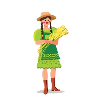 Sheaf Of Wheat Holding Village Young Woman Vector