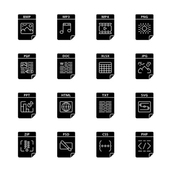 Files format glyph icons set. Multimedia, text, image, web digital files. BMP, MP3, MP4, PNG, PDF, DOC, XLSX, JPG, PPT, HTML, TXT, SVG, ZIP, PHP, CSS. Silhouette symbols. Vector isolated illustration