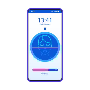 Face recognition app smartphone interface vector template. Mobile page blue design layout. Facial ID scanner screen. Identity verification. Flat UI for application. Biometric security. Phone display