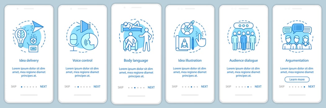Public speaking skills onboarding mobile app page screen vector template. Voice control, body language, audience dialog. Walkthrough website steps. UX, UI, GUI smartphone interface concept