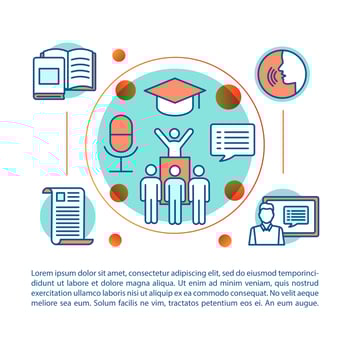 Public speaking skill course article page vector template. Brochure, magazine, booklet design element with line icons and text boxes. Professional speakers school. Print design. Concept illustrations