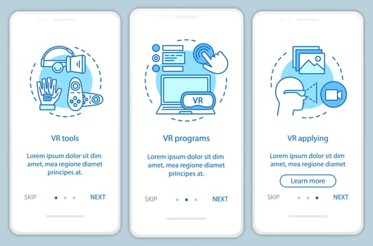 Virtual reality software onboarding mobile app page screen with linear concepts. VR tools, soft, application walkthrough steps graphic instructions. UX, UI, GUI vector template with illustrations